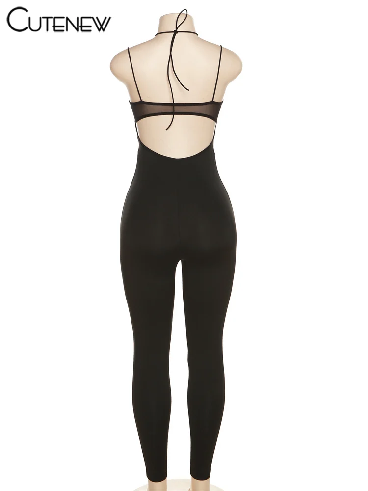 Women's Solid Mesh Casual Jumpsuit Spaghetti Strap Body-shaping Romper Overall Female One-piece Pants Fashion Streetwear