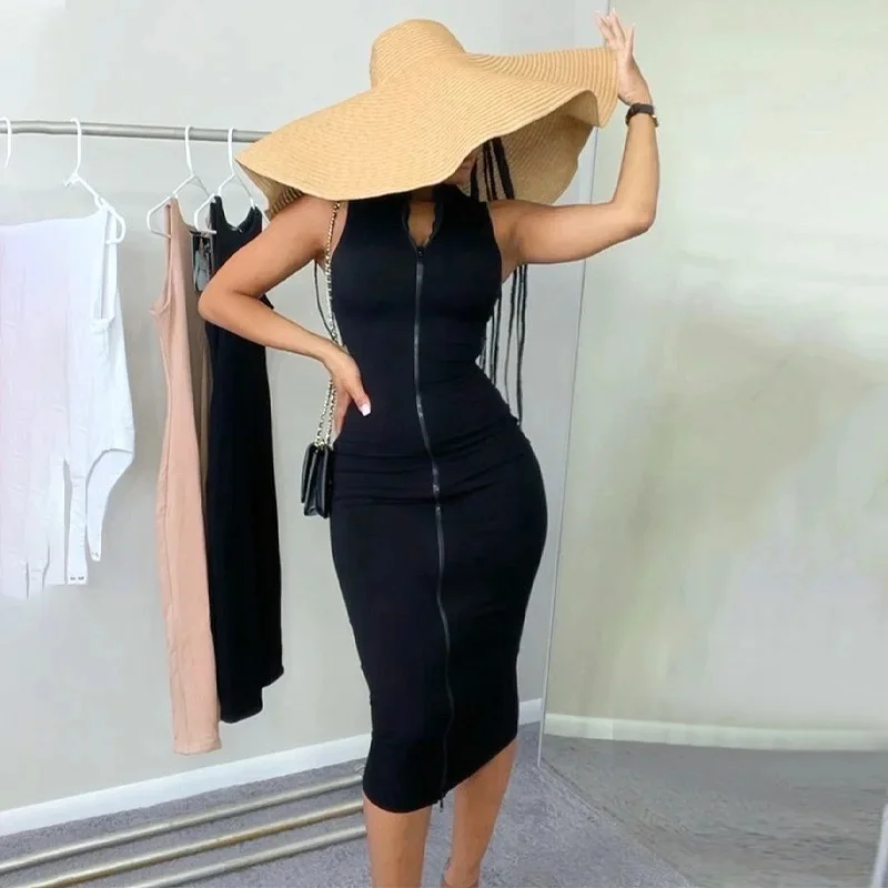 Sexi Night Dress Hot Club Outfits Women One Piece Aesthetic Clothes Sleeveless Bodycon Vestidos De Mujer Zipper Black Streetwear