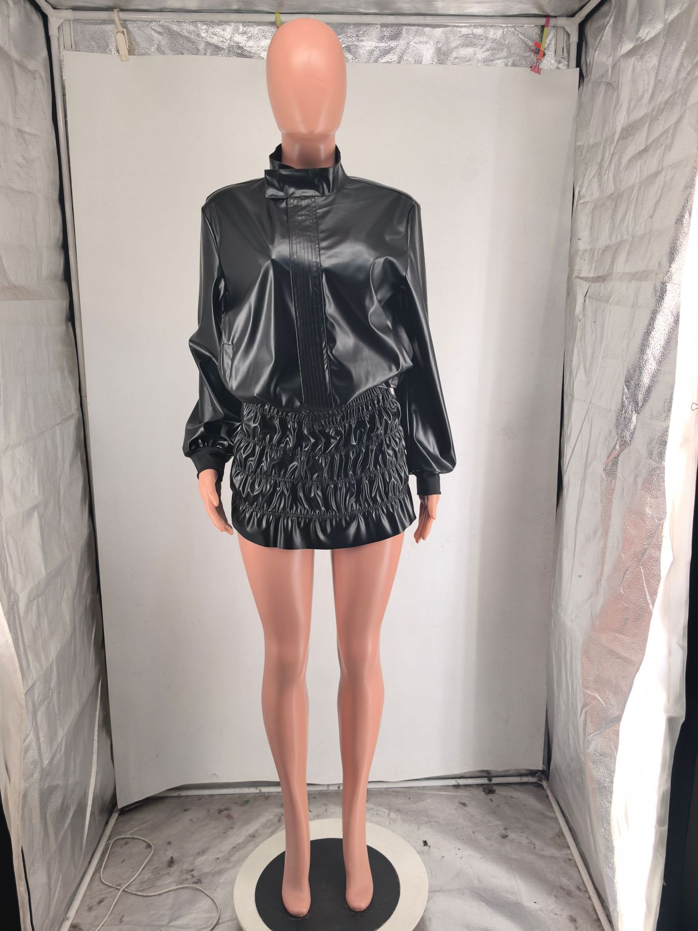 Autumn Winter Solid Color Long Sleeve Faux Leather Casual Wrinkle Removal Small Stand Collar Skirt Two Piece Sets