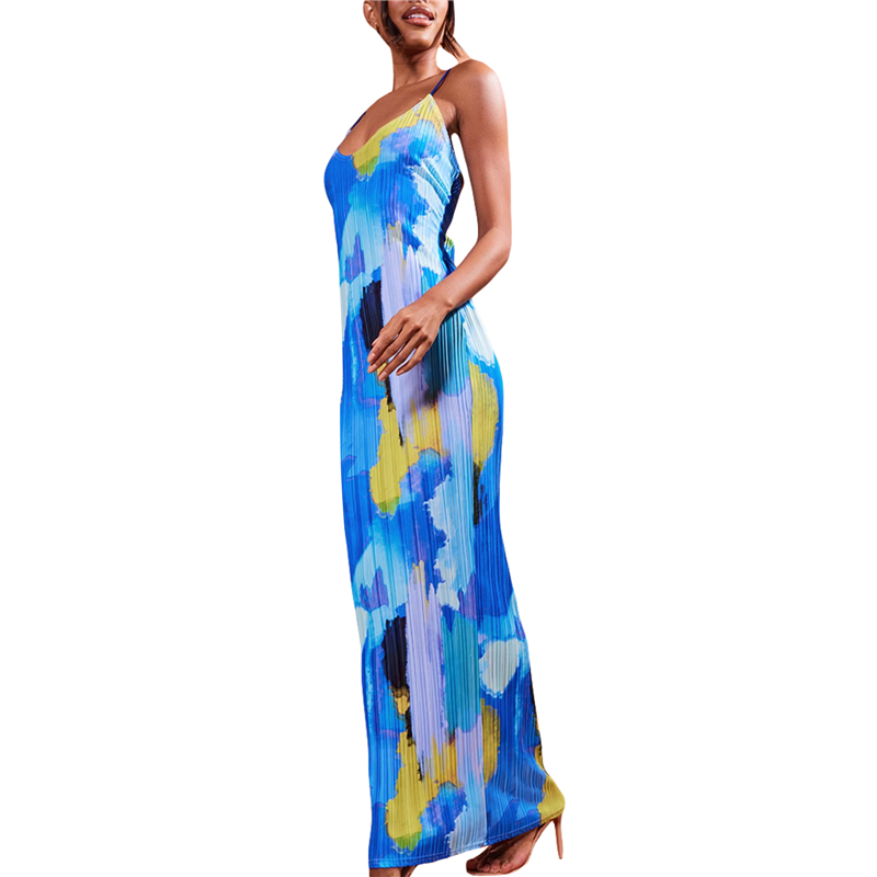 Pleated Dress for Women Floral/Tie Dye Print/Solid Color Spaghetti Strap Sleeveless Dresses Going Out Party Dresses