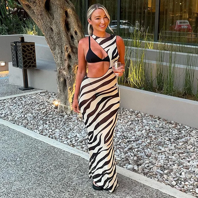 Bodycon Long Dresses For Women Beach Style Backless Vestidos De Mujer Hollow Out Sexy Robe Femme _t�� Y2k Clothes Zebra Print