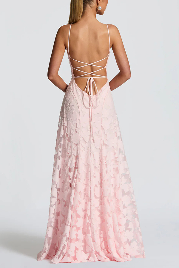 Francis Custom Floral Burnout Fabric Cowl Neck Back Lace-up Maxi Dress
