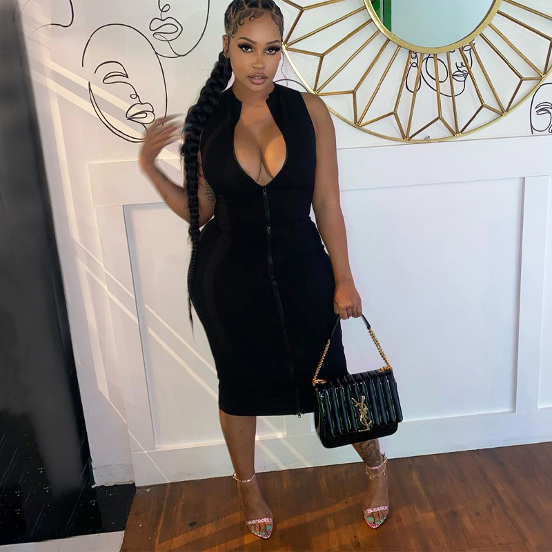 Sexi Night Dress Hot Club Outfits Women One Piece Aesthetic Clothes Sleeveless Bodycon Vestidos De Mujer Zipper Black Streetwear