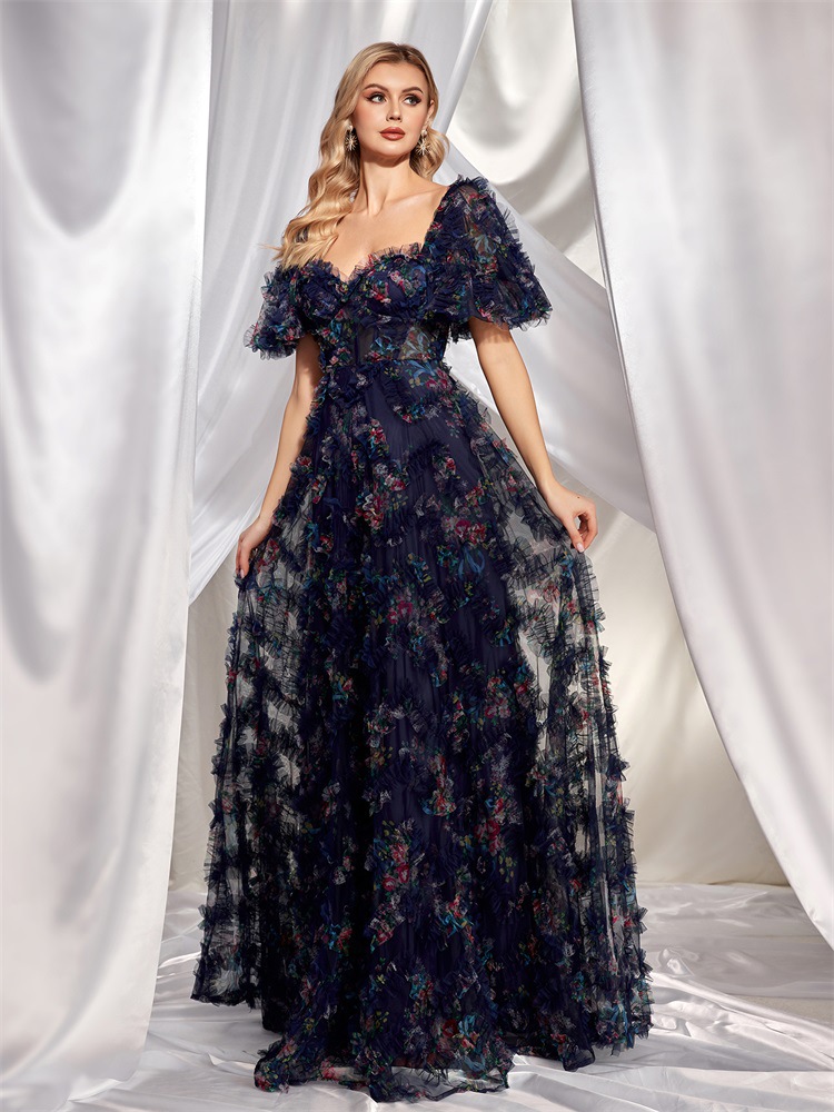 Evening Wear High Grade Floral U Neck Evening Dress Short Sleeve Slim Fit Party Cocktail Dress Women