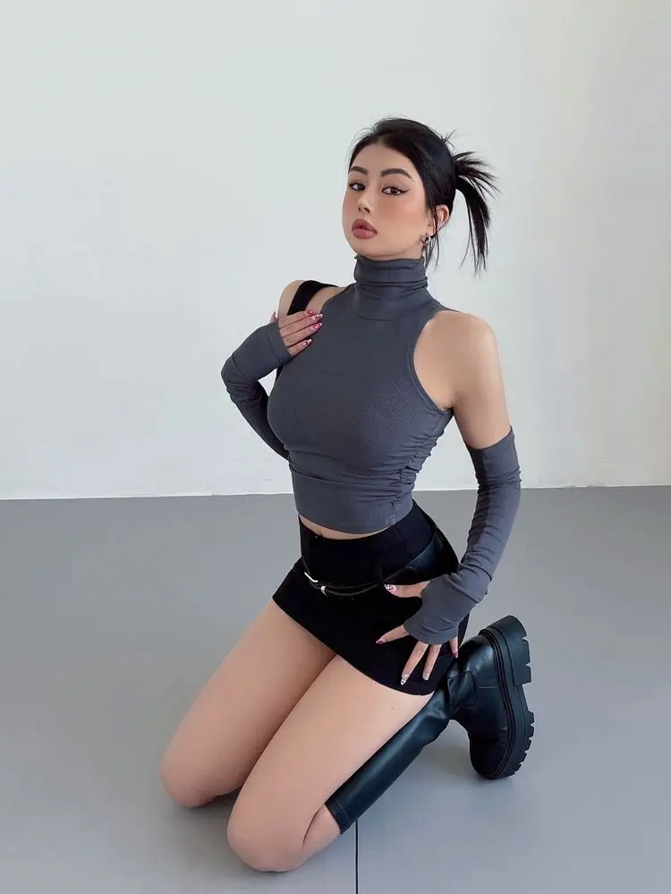 2025 New Spicy Girls Y2k Tops Oversleeve Sexy Turtleneck Tank Top for Women's Slim Fit Short tshirt Skinny Streetwear Crop Top