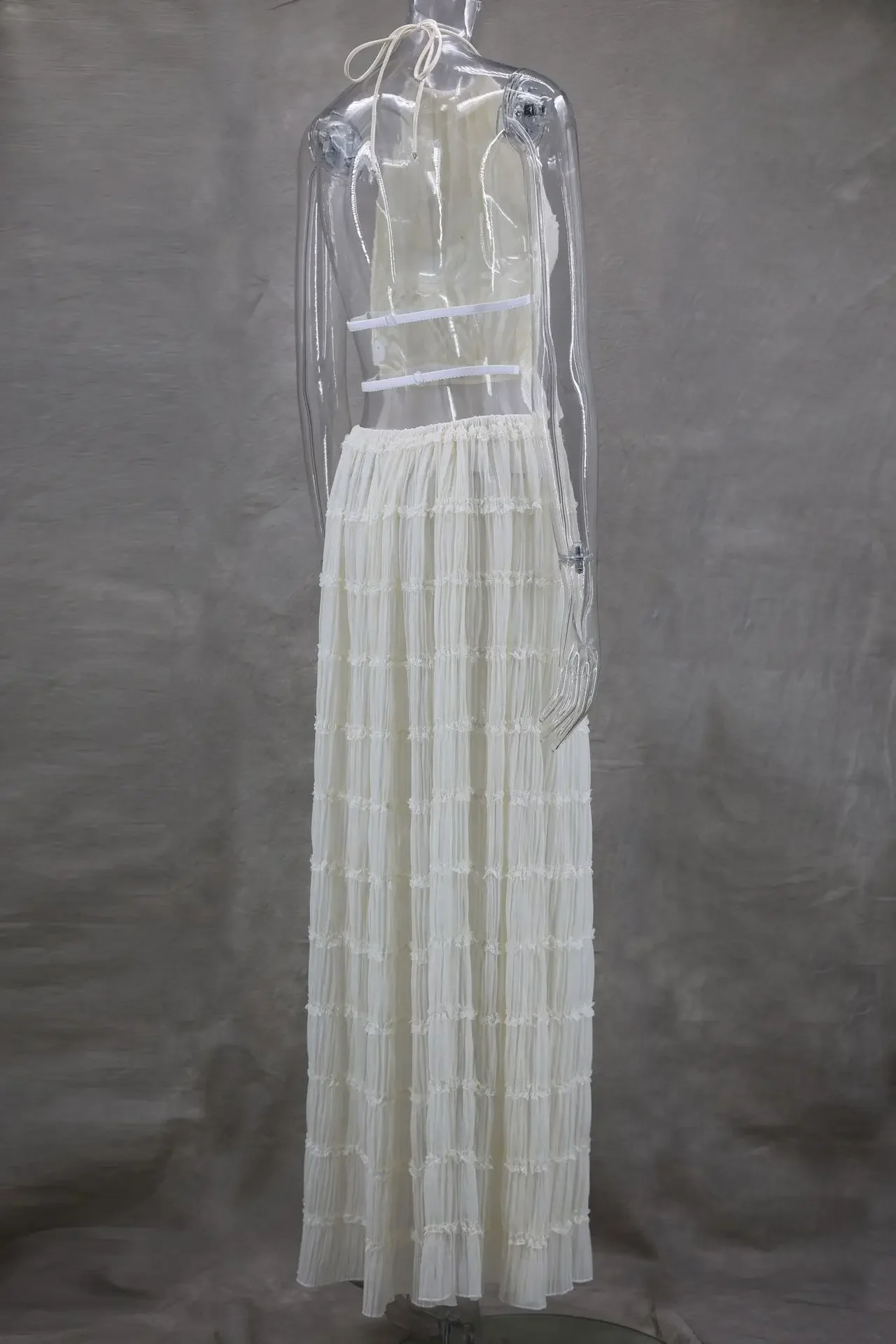 Bandage Fashion 2 Piece-Set Maxi Skirt Female Ruffled Summer Lace Elegant Streetwear Halter Top And Long Skirt Women Sets