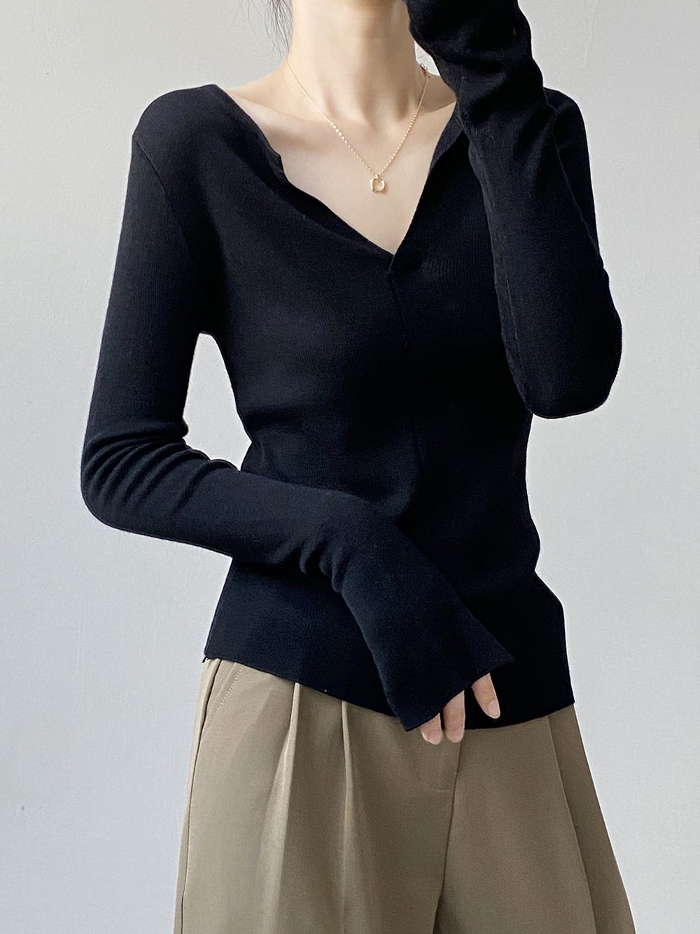 French V Neck Open Sweater Spring Inner Wear Elegant Slim Fit Long Sleeve Top