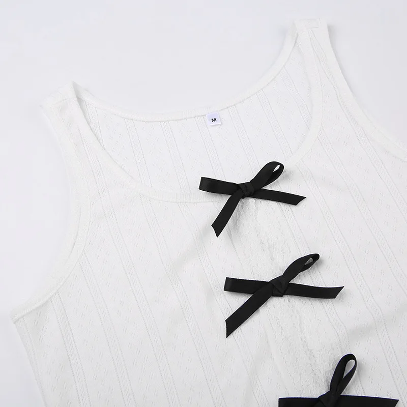 Lace Bow Splice Tank Top Women Sexy Hollow Out Slim Sleeveless Shirts Hot Girls Bodycon Fashion Crop Tops Woman Clothing