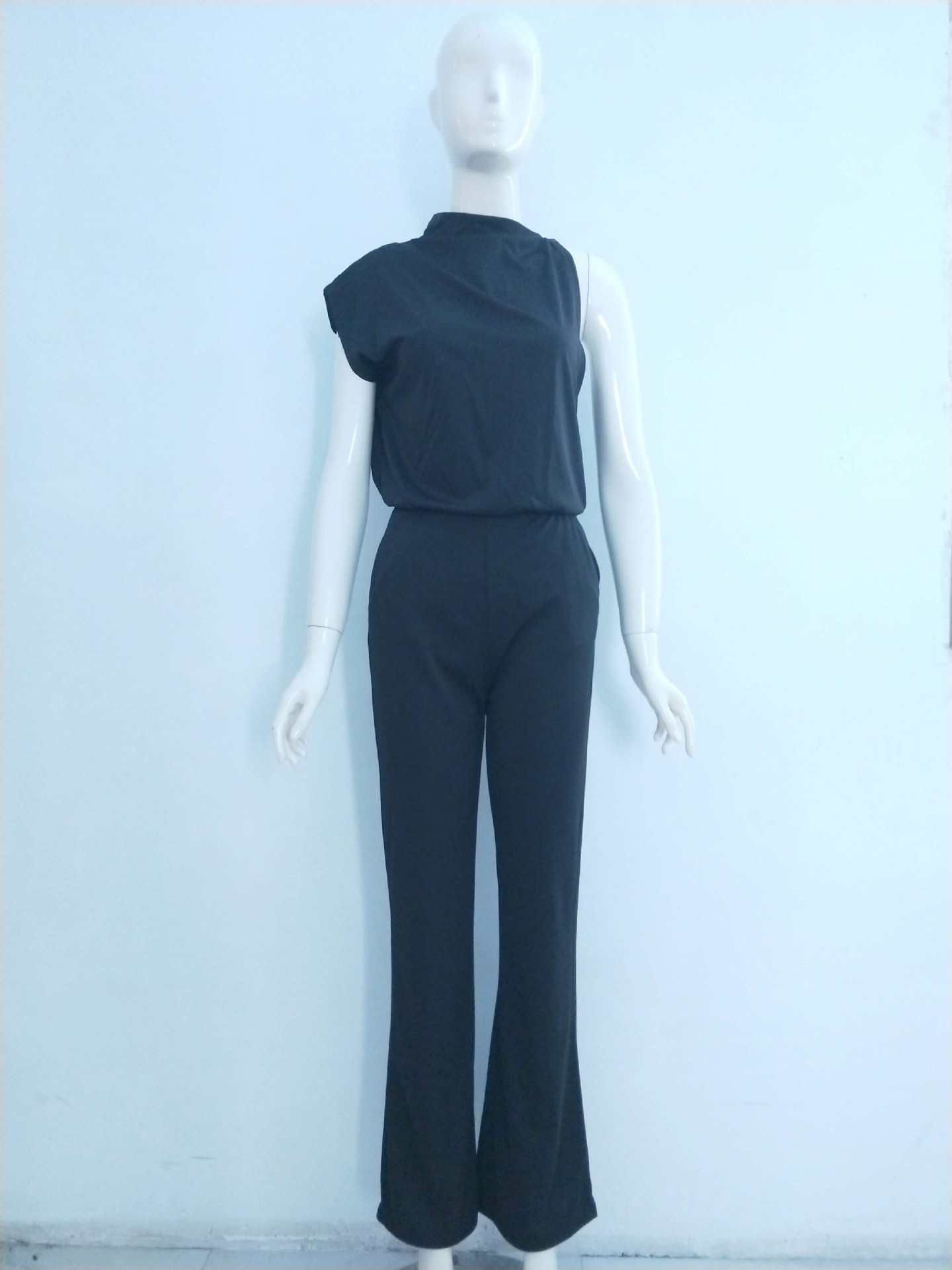 Women Pants Solid Color One Shoulder Pile Collar Jumpsuit Popular Dress Trousers