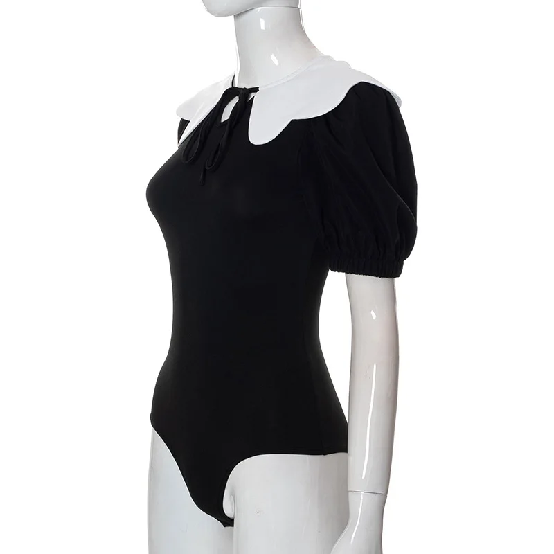One Piece Outfit with Ruffle Collar for Women, Sexy Bodysuit, Short Sleeve, Color Blocking Lingerie, Elegant Summer Clothes