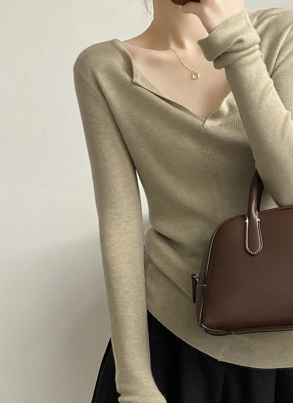 French V Neck Open Sweater Spring Inner Wear Elegant Slim Fit Long Sleeve Top