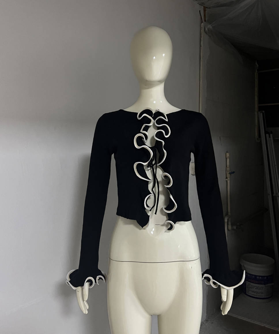 Spring Floral Edge Stitching Contrast Color Black Long Sleeve Knitted Cardigan Women Slimming Short Top Women