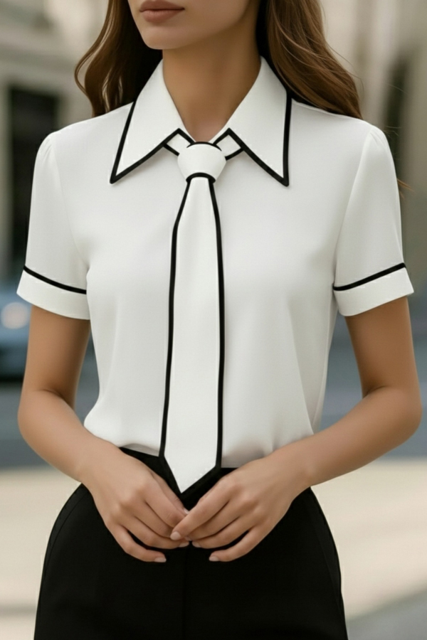 Stylish Color-blocked Trim Collared Short-sleeved Casual Shirt