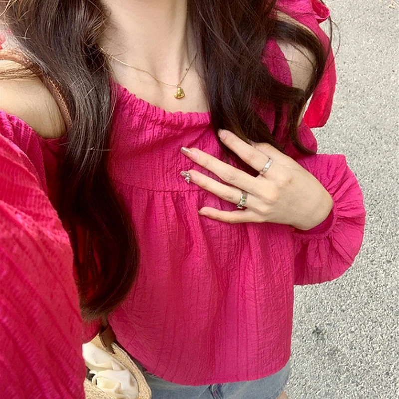 Women y2k Clothes Sexy Solid Color Tie Shoulder Lantern Cold Shoulder Long Sleeve Blouses Tops 2000s Shirts Streetwear