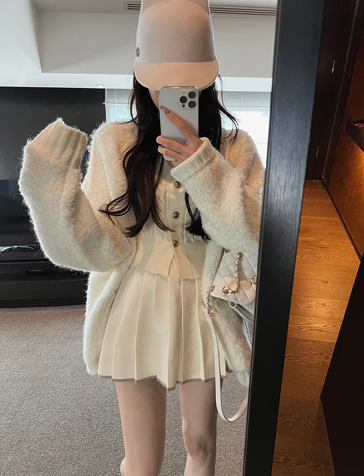 Autumn Knitted Two Piece Skirt Set Women Long Sleeve Single Breasted V-neck Top Mini Pleated Skirt Korean Chic Female Outfit New