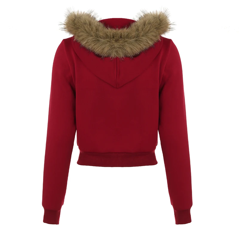 Y2K Fur Trim Hooded Sweatshirt Red Letter Print Zipper Coat with Pocket Women Streetwear Winter 90s Outwear Vintage