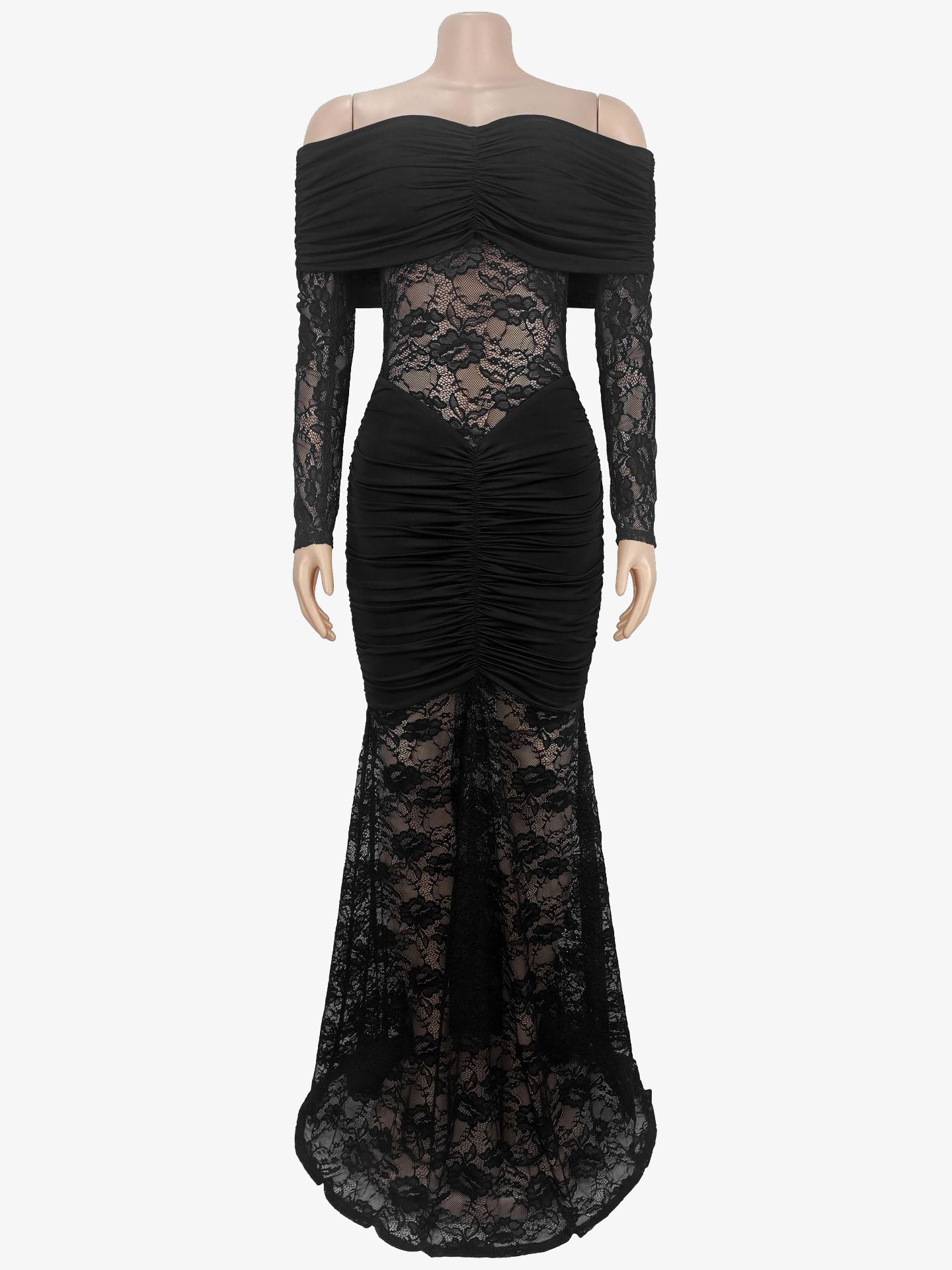 Off Shoulder Ruched Lace Sheer Panel Slim Fit Fishtail Long Gown For Women 2026