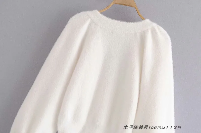 Women's 3-piece Set Korea Style White Cardigan Furry Single-breasted Button Tank Top Knitted Sweater Jumper Shorts Pants Set