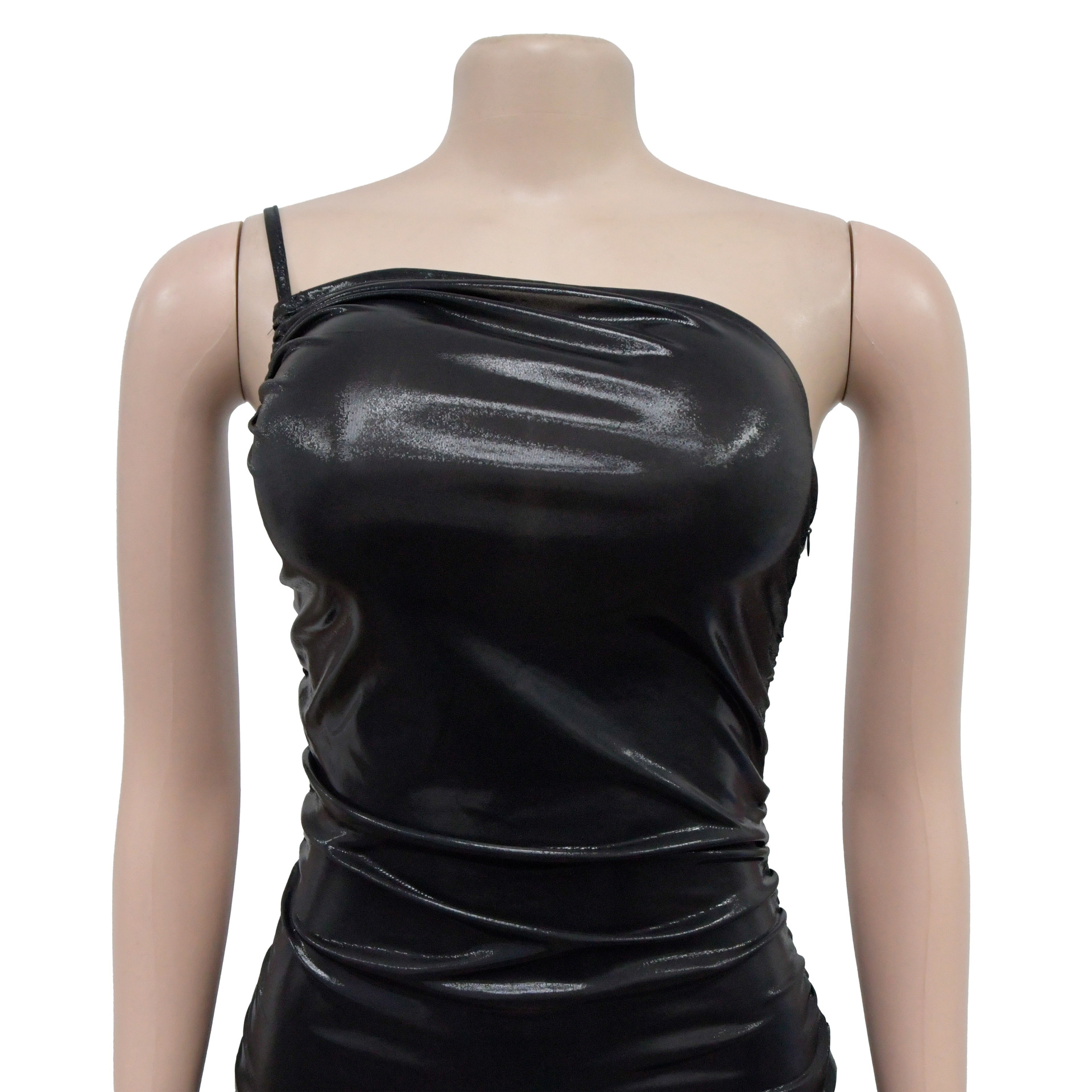 Metallic Coated Fabric Women Wear Solid Color Sexy Sling Diagonal Collar Pleating Dress