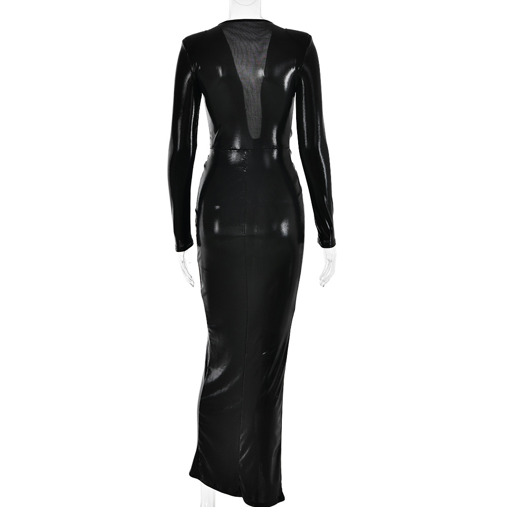 Metallic Coated Fabric Dress Sexy Glossy V neck Long Sleeve Stitching Ruffle Hip Leather Dress