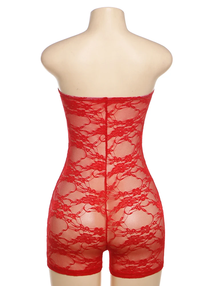 Lace Sexy Hot Playsuit Women Solid Sleeveless Wrapped Chest See Through Coquette Slim Fit Rompers Female Attractive Wear