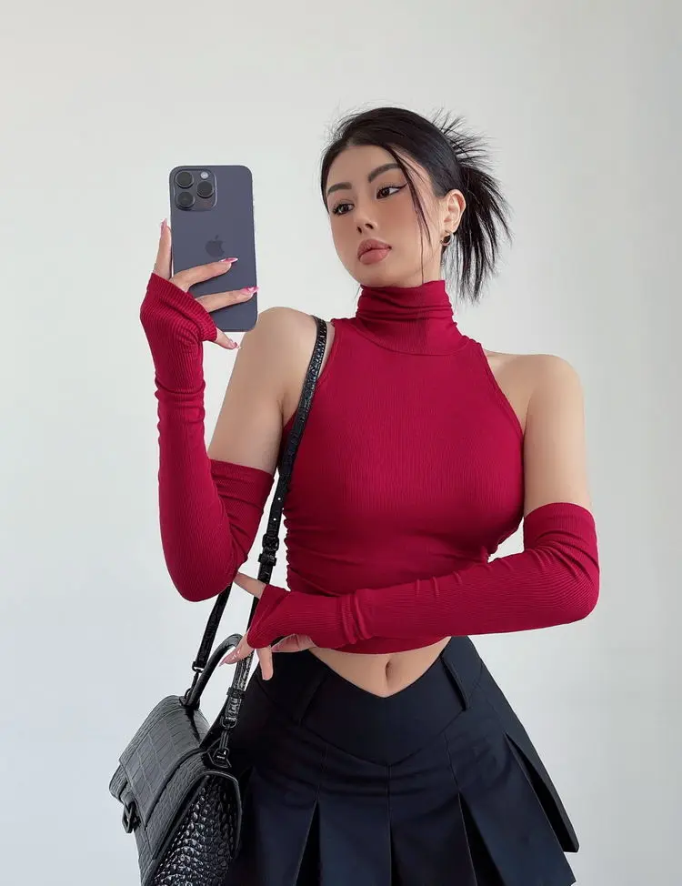 2025 New Spicy Girls Y2k Tops Oversleeve Sexy Turtleneck Tank Top for Women's Slim Fit Short tshirt Skinny Streetwear Crop Top