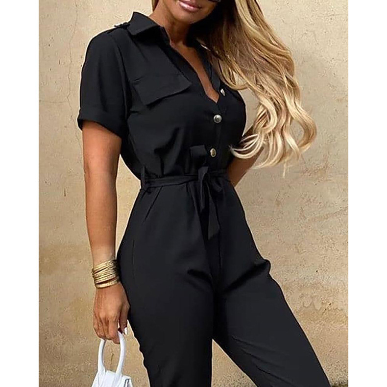 Women Clothing Trousers Casual Collared Button Printed Belt Cargo Overalls Plus size