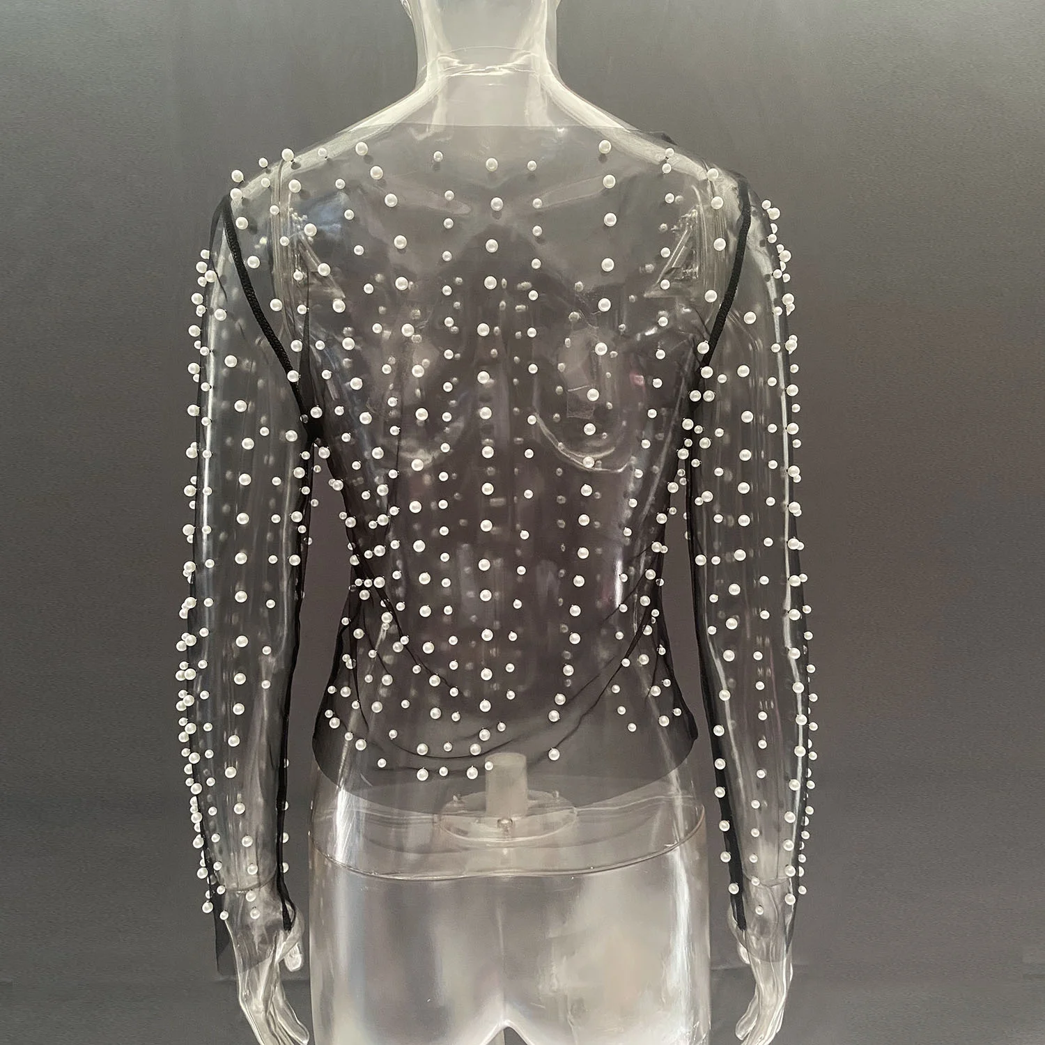 Pearl Mesh See Through T-shirt Women Fashion Long Sleeve Pullover Blouse Ladies Summer U Neck Sexy Tee Shirt Tops