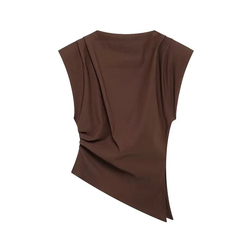 Casual Pleated Sleeveless Vest Women Irregular O-neck Split Shoulder Pad Solid Tank Top Fashion High Street Lady Slim Shirt New