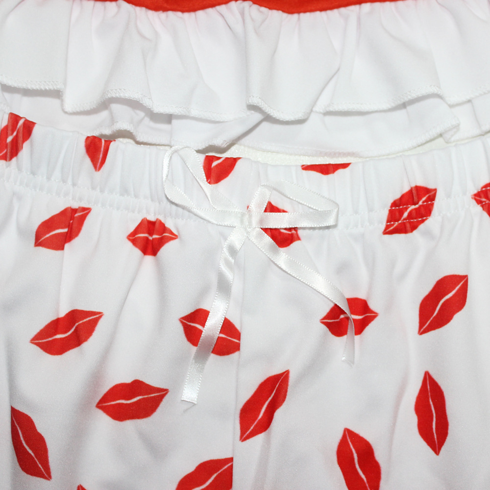 Women Clothing Summer Lace Color Matching Short-Sleeved T-shirt Women Lip Printings Slim Two-Piece Set Romper