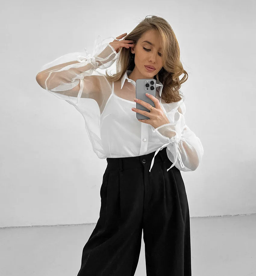 Mesh See-through Lace-Up Shirt Women's Sexy Long Sleeve Tops Fashion Solid Color Casual Streetwear Women's Shirt Tops