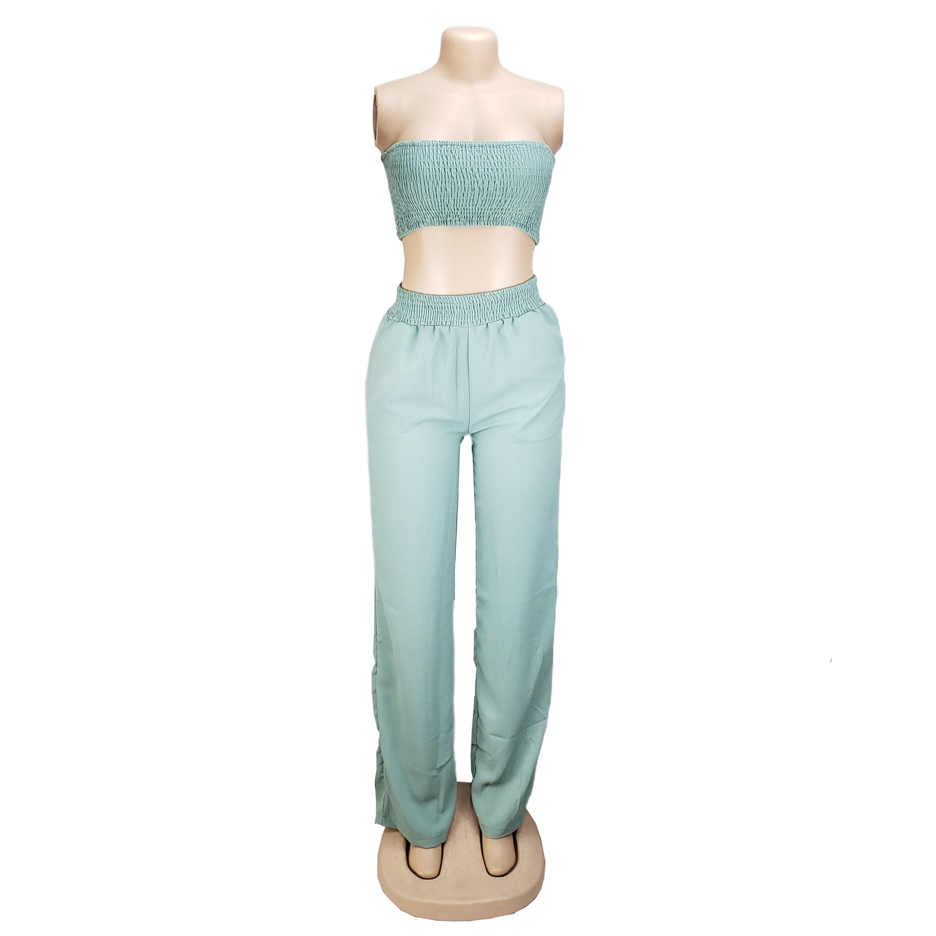 Women Clothing Pleating Sexy Tube Top Two Piece Work Pant Vacation Summer