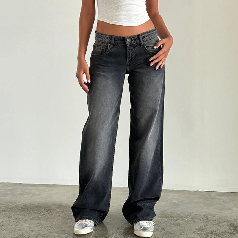 Women Y2K Wide Leg Denim Pants Baggy Low Waist Boyfriend Jeans Casual Vintage Loose Fit Jeans Trousers Cyber Grunge Streetwear