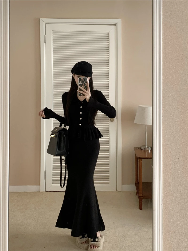 Autumn Winter Knitted 2-Piece Sets Women Ruffles Tops Bodycon Fishtail Skirt Slim Solid Knitwear Outfits Korean Fashion Suit