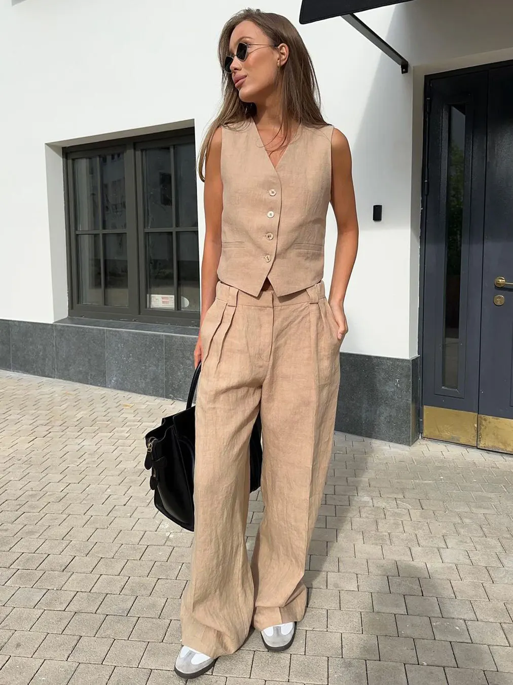 2 Piece-Set Fashion Women Wide Leg Trousers Patchwork High Waist Casual Straight Legg Outfits Vestidos Women's Pants Sets