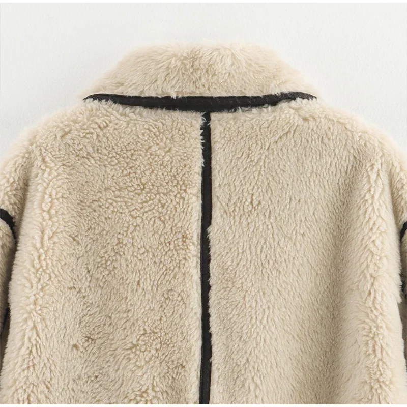 Fashion Beige Faux Fur Long Coat Women Winter Buttons Lapel Long Sleeve Lamb Fleece Jacket 2025 New Lady Loose Street Outerwear