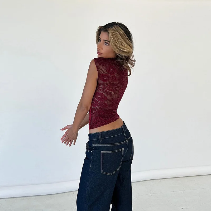 Sexy Hollow Out Printed Y2k Top Pullover For Women See-Through Slim Cropped Patchwork Contrast Streetwear Female Tank Top
