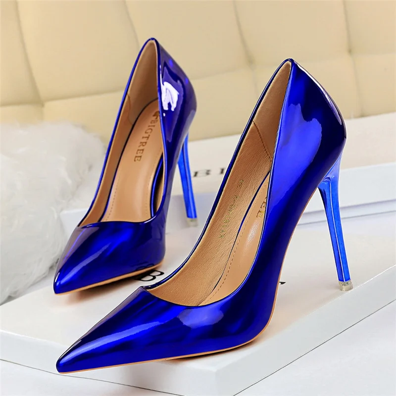 Women 10.5cm High Heels Blue Green Valentine Pumps Luxury Glossy Stripper Stiletto Wedding Bridal Fetish Shoes Plus Size 43
