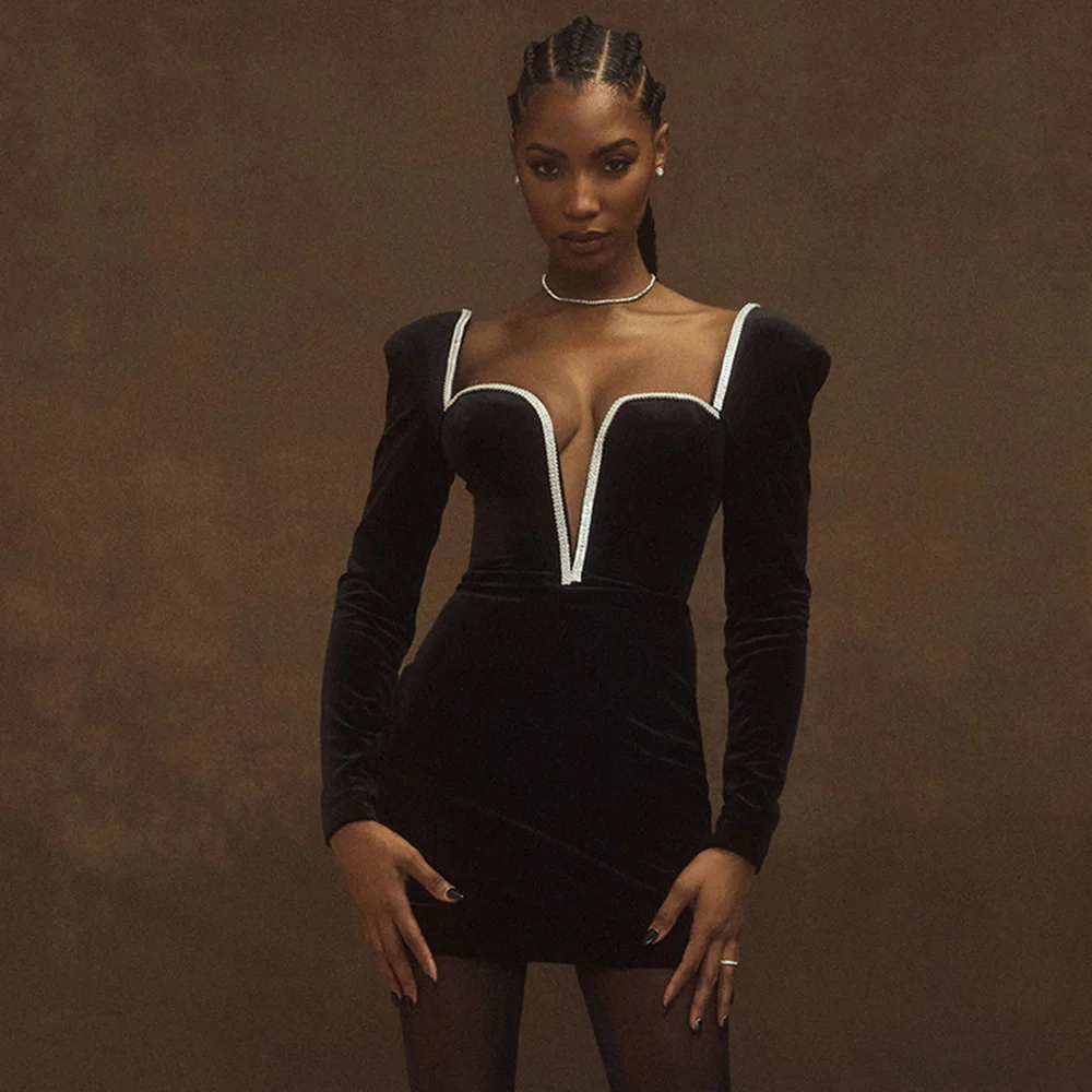 Sexy Deep V Wrapped Hip Velvet Backless Women's Dress Long Sleeve High Waist Temperament Mini Dress Party Club Clothing