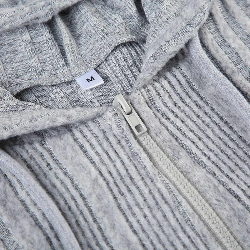 Gray Zip Up Knitted Hooded Jackets Women Pockets Details Solid Simple Basic Minimalist Slim Long Sleeve Hoodies Knitwear