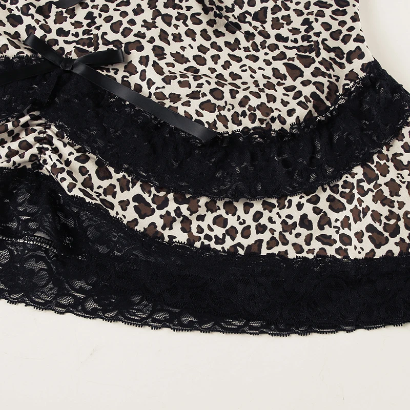 Y2K Streetwear Leopard Lace Patchwork Camis Top Gothic Style V-neck Bow Trim Tank Tops Fashion Aesthetic Vest Girls