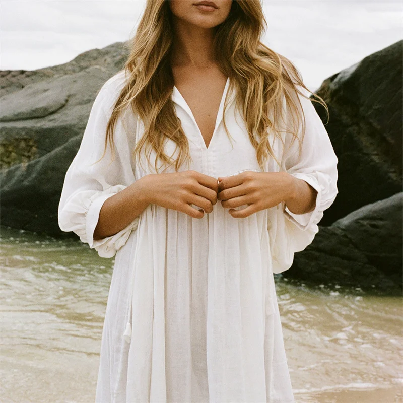 Beach Party Dress Women Summer Solid Color Round Neck Tie Front Puff 3/4 Sleeve Loose Midi Dress Vacation Dresses