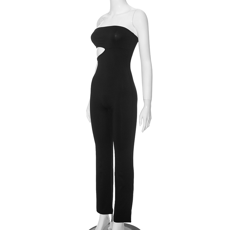 Cash Design Black Tube Top Waist Baring Slim Fit Slimming Long Jumpsuit for Women