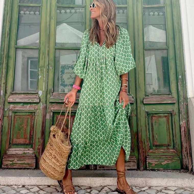 Women Puff Sleeve Boho Maxi Dress Vintage Elegant Fashion Casual Print Floral V-Neck Loose Ladies Holiday Beach Party Vestidos
