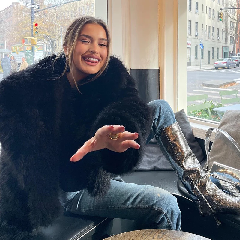 Street Fashion Shawl Collar Faux Fox Fur Coat Women Winter Cool Girls Black Short Fur Jacket Vintage Chic Overcoat