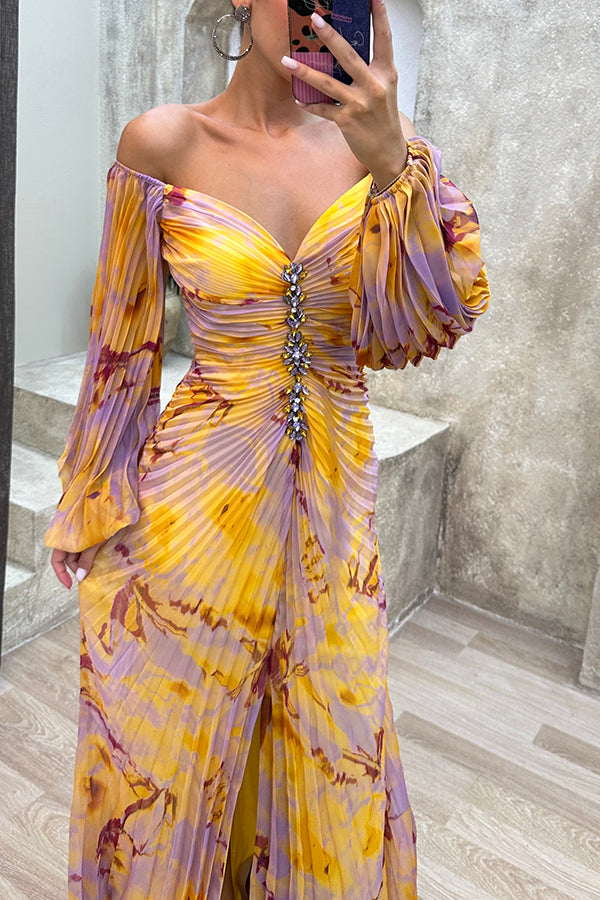 Sunset Serenade Printed Off Shoulder Embellished Pleated Slit Maxi Dress