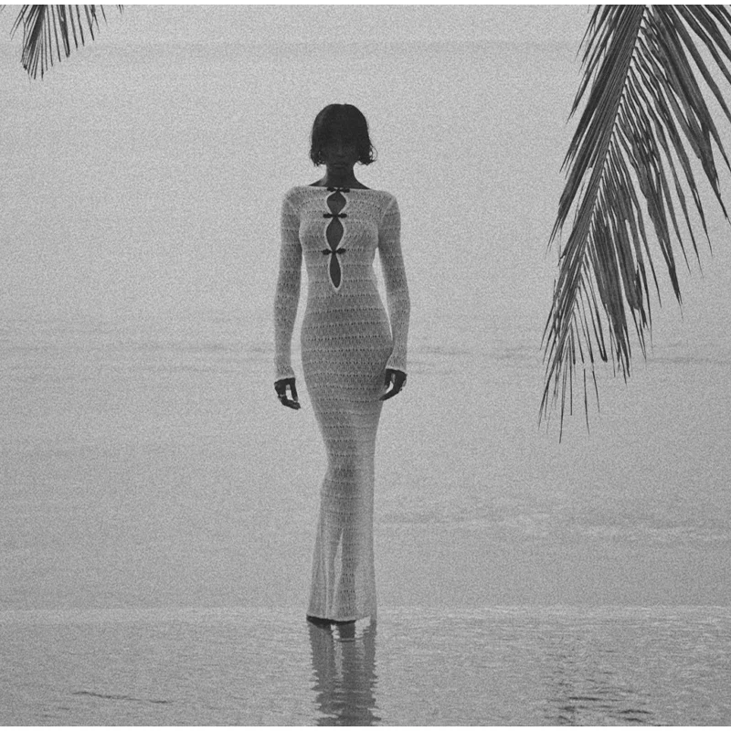 Sexy Hollow Out Knitted Maxi Dress Women Long Sleeve O-neck White Black Holiday Dresses Female 2025 Summer Lady Slim Fit Robes