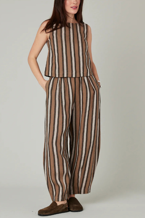 Striped Printed Crew Neck Sleeveless Top and Elastic Waist Wide-leg Pants Set
