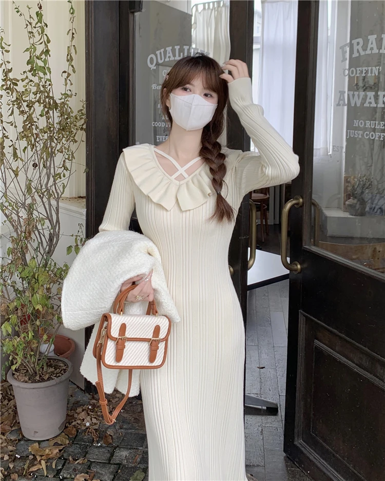 Autumn Knitted Dresses for Women Ruffles V-neck Solid Bodycon Casual Solid Midi Dress Korean Fashion Vestidos Mujer New Knitwear