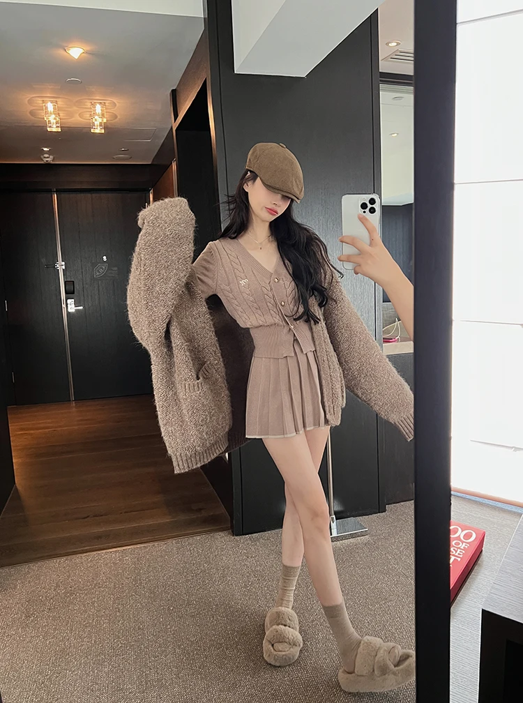 Autumn Knitted Two Piece Skirt Set Women Long Sleeve Single Breasted V-neck Top Mini Pleated Skirt Korean Chic Female Outfit New